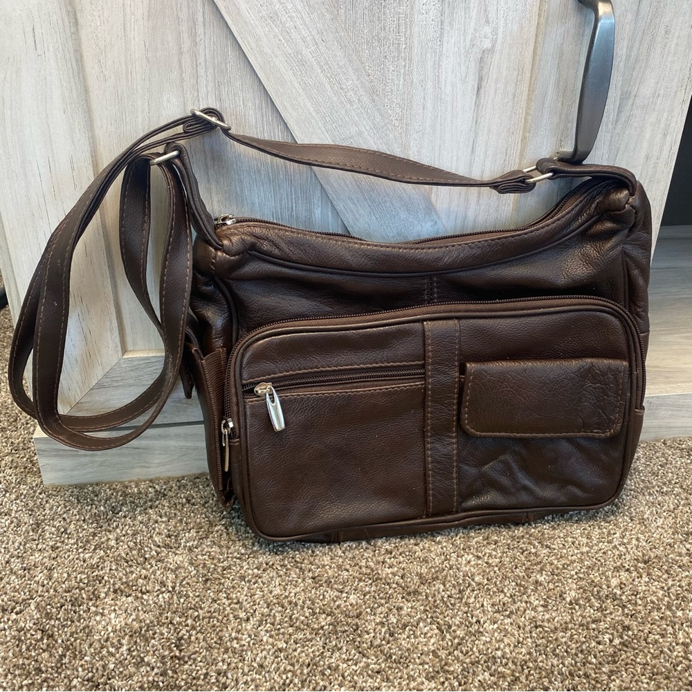 Unisex Leather Organizer Purse Shoulder Bag Multiple Pockets Cross Body Handbag